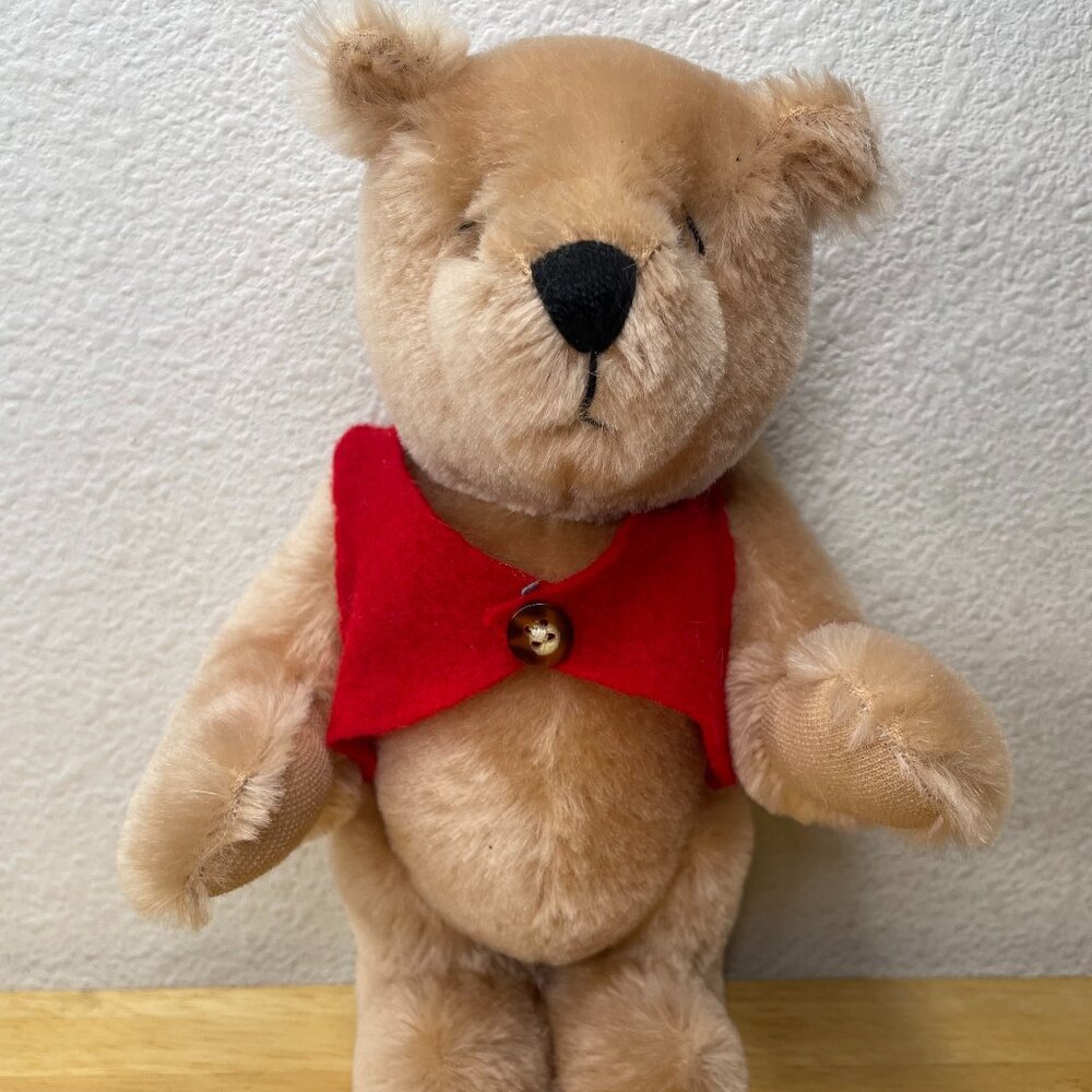 Vintage Brass Button Teddy Bear Plush Tan Stuffed Animal Red Vest Bell Button 9